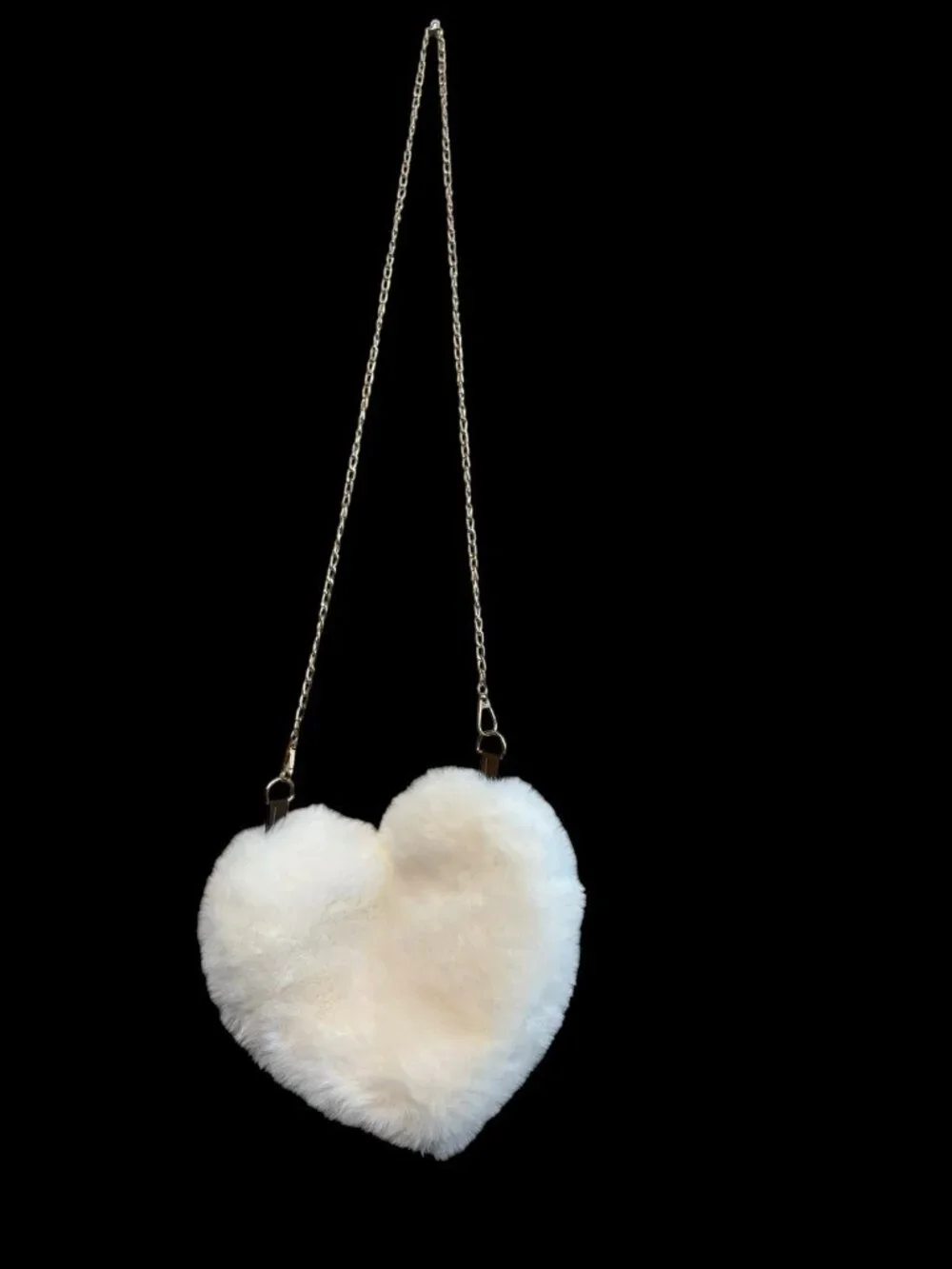 Girls White Faux Fur Heart Crossbody Bag Gold Tone Removable Chain Link New